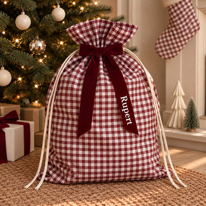 Mabel & Fox - Personalised Red Gingham Gift Sack - Velvet Bow