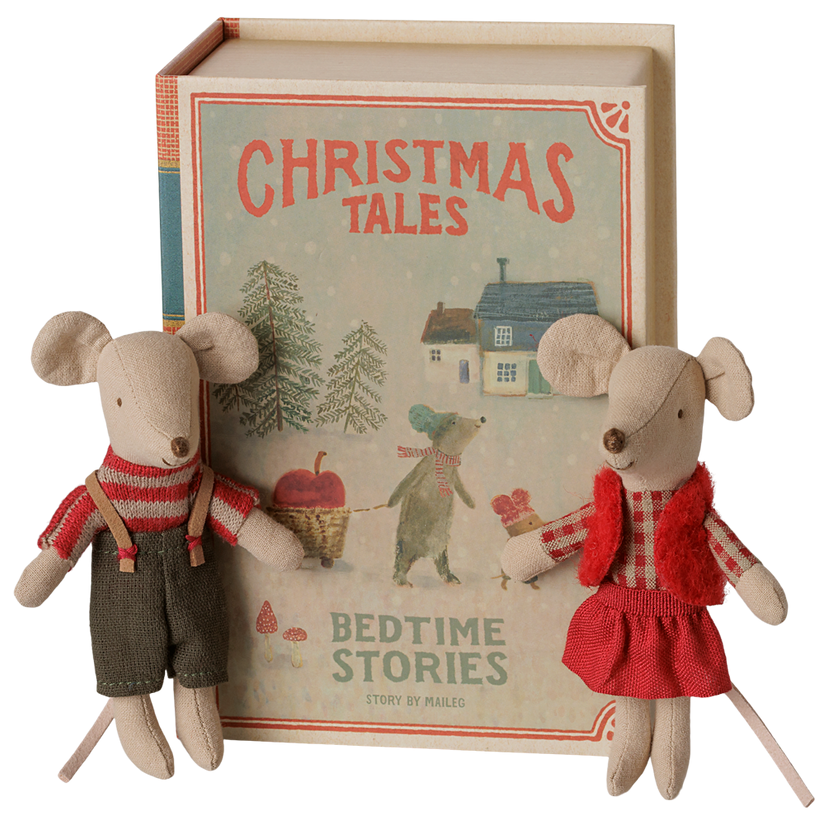 Maileg - Christmas Twin Mice, Little Sister and Brother in Book
