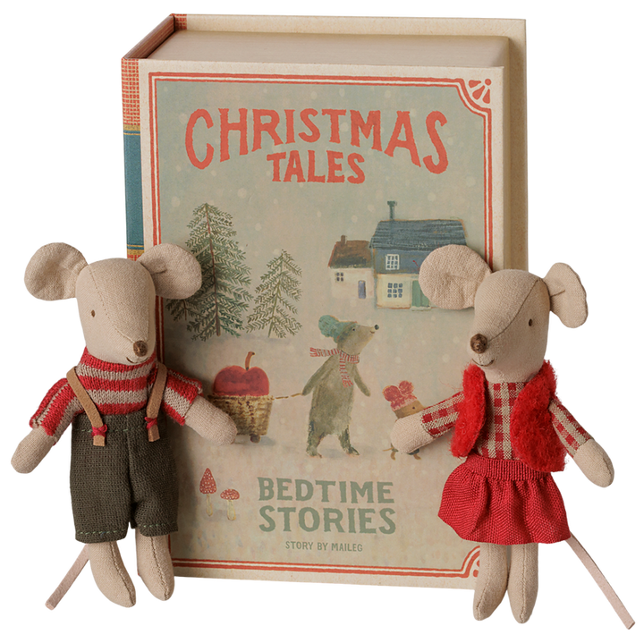 Maileg - Christmas Twin Mice, Little Sister and Brother in Book