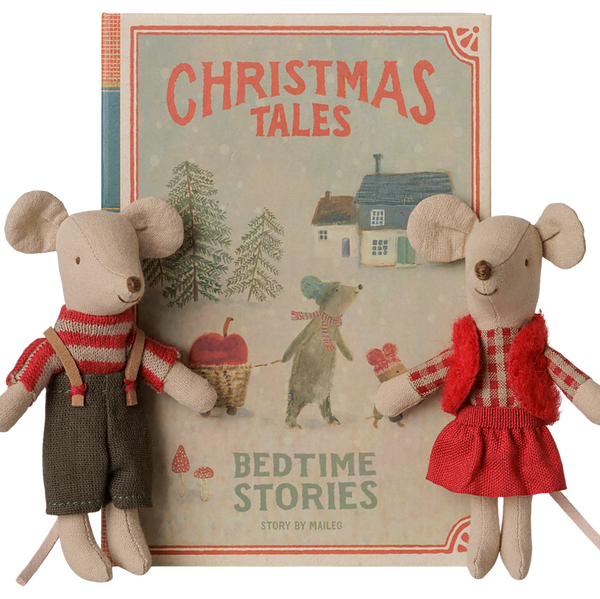 Maileg - Christmas Twin Mice, Little Sister and Brother in Book