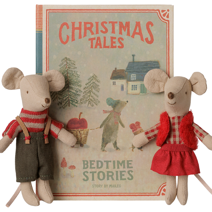 Maileg - Christmas Twin Mice, Little Sister and Brother in Book