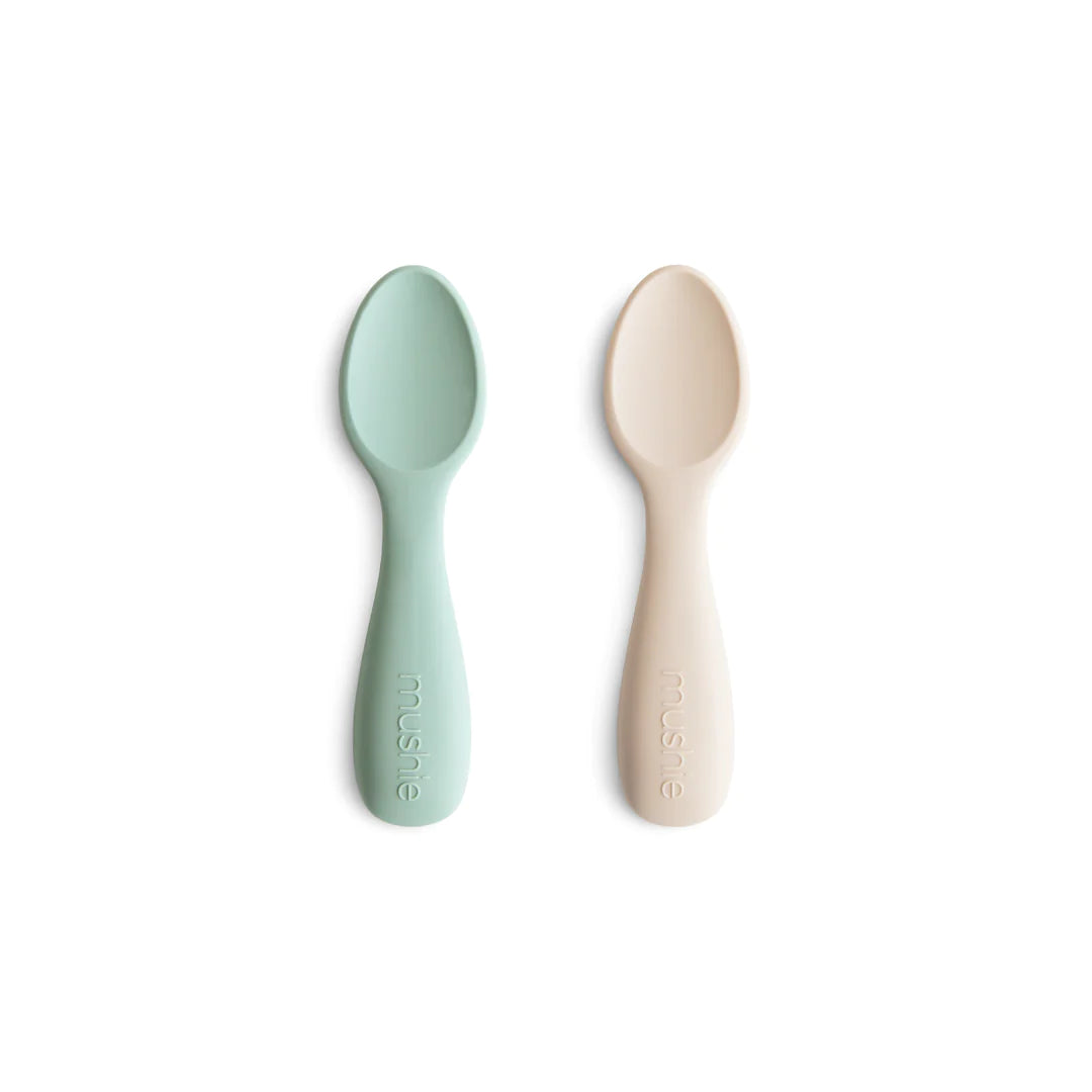 Mushie - Silicone Toddler Starter Spoons- Cambridge Blue/Shifting Sands (2 Pack)