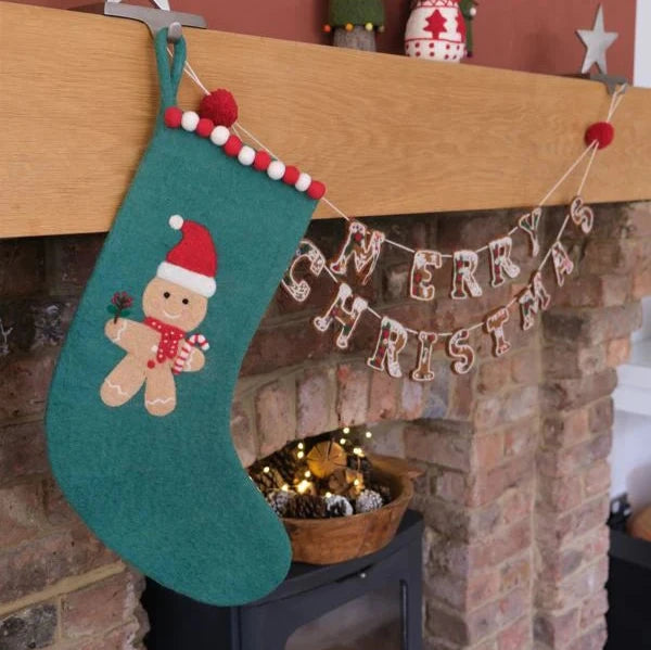 Fiona Walker - Felt Stocking - Green Gingerbread Stocking - Mabel & Fox