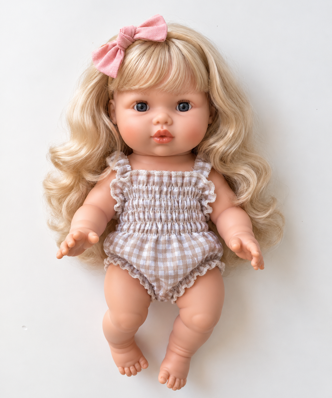 Mini Colettos - Ellory Designs Doll Romper - Agnes Smock Beige Gingham