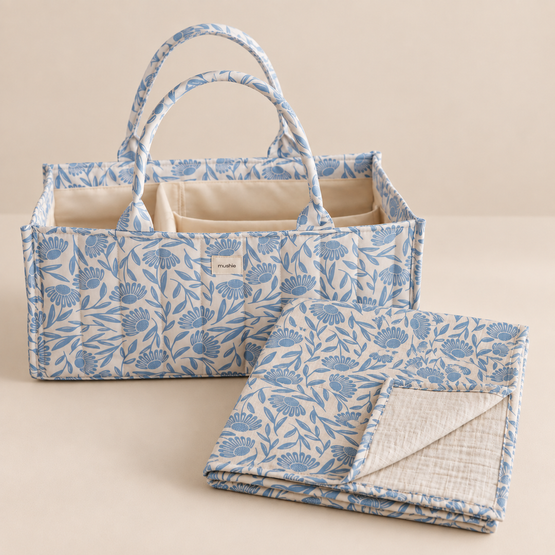 Mushie - Nappy Caddy & Swaddle Bundle - Blue Flowers