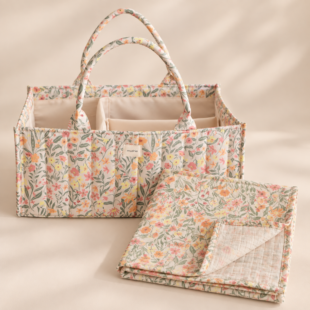 Mushie- Nappy Caddy & Swaddle Bundle - Pastel Blooms