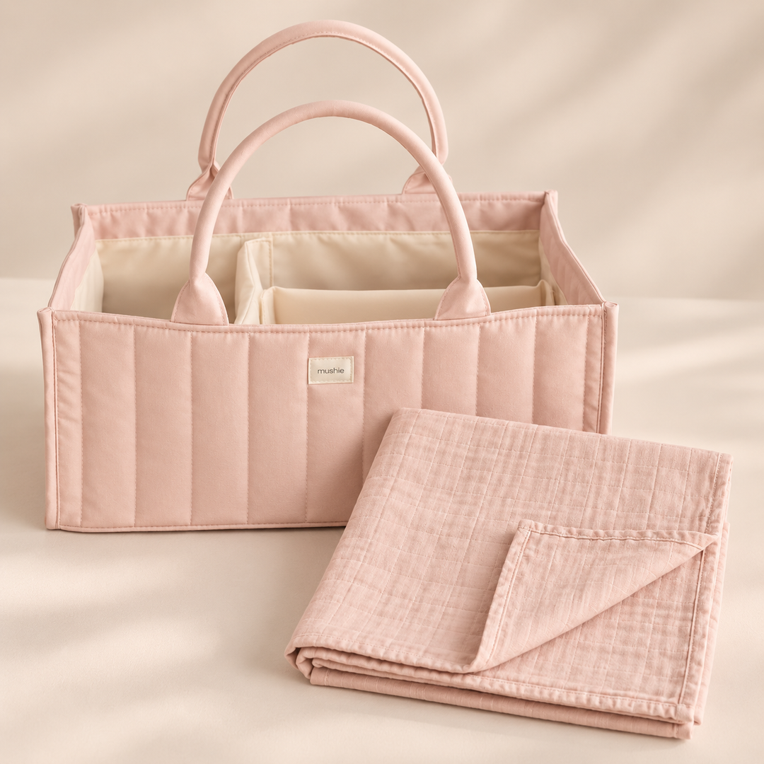Mushie- Nappy Caddy & Swaddle Bundle - Blush