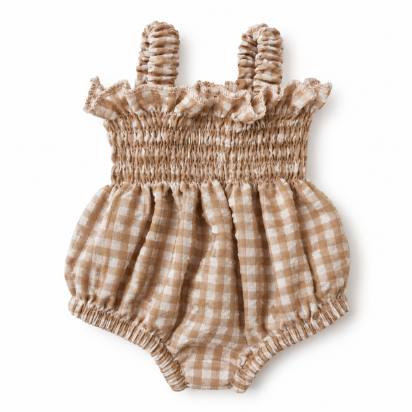Mini Colettos - Ellory Designs Doll Romper - Agnes Smock Khaki Gingham