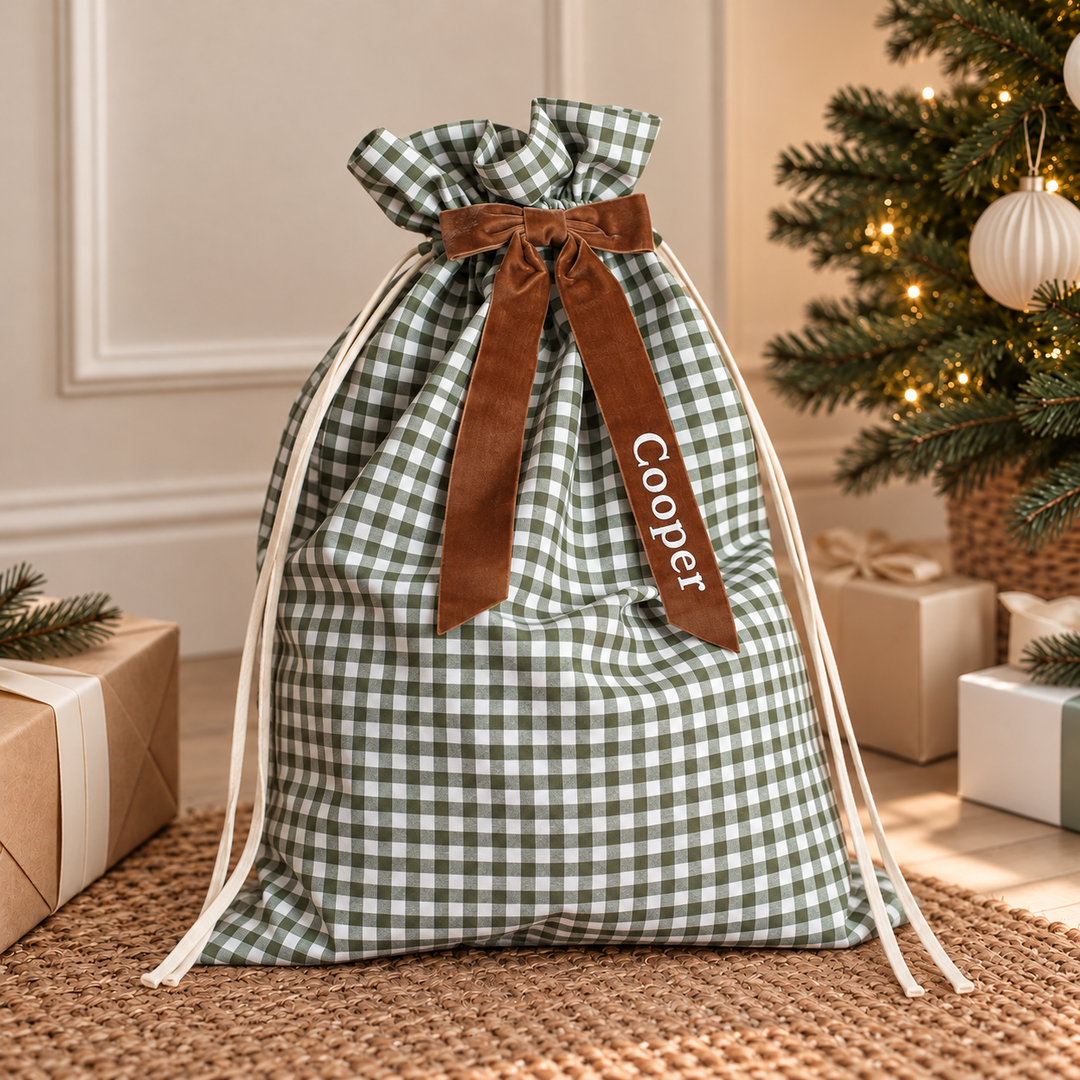 Mabel & Fox - Personalised Green Gingham Gift Sack - Velvet Bow