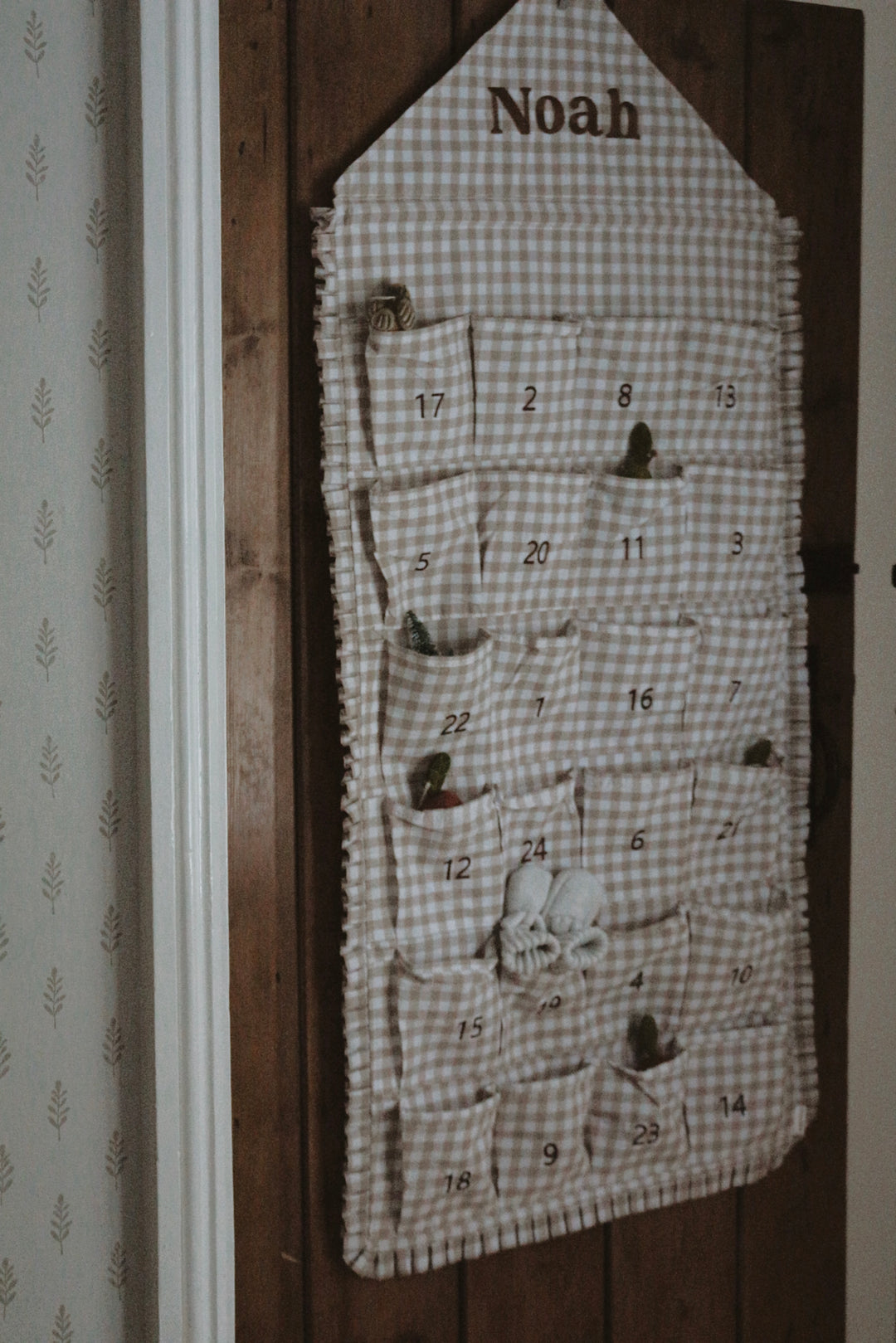 Mabel & Fox - Personalised Beige Gingham Ruffle Advent Calendar - Embroidered