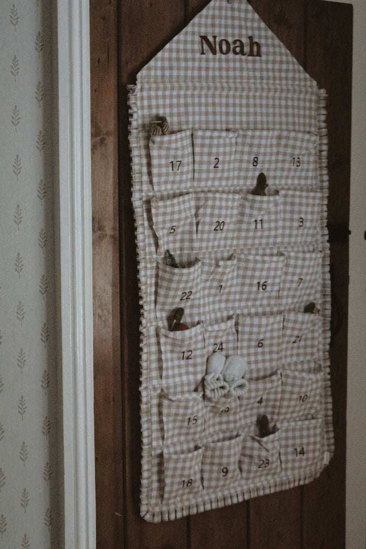 Mabel & Fox - Personalised Beige Gingham Ruffle Advent Calendar - Embroidered