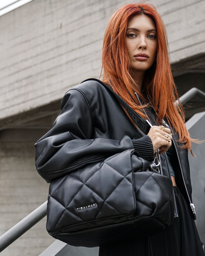 Nova Eco Compact Changing Bag Black Quilted Faux Leather - Mabel & Fox