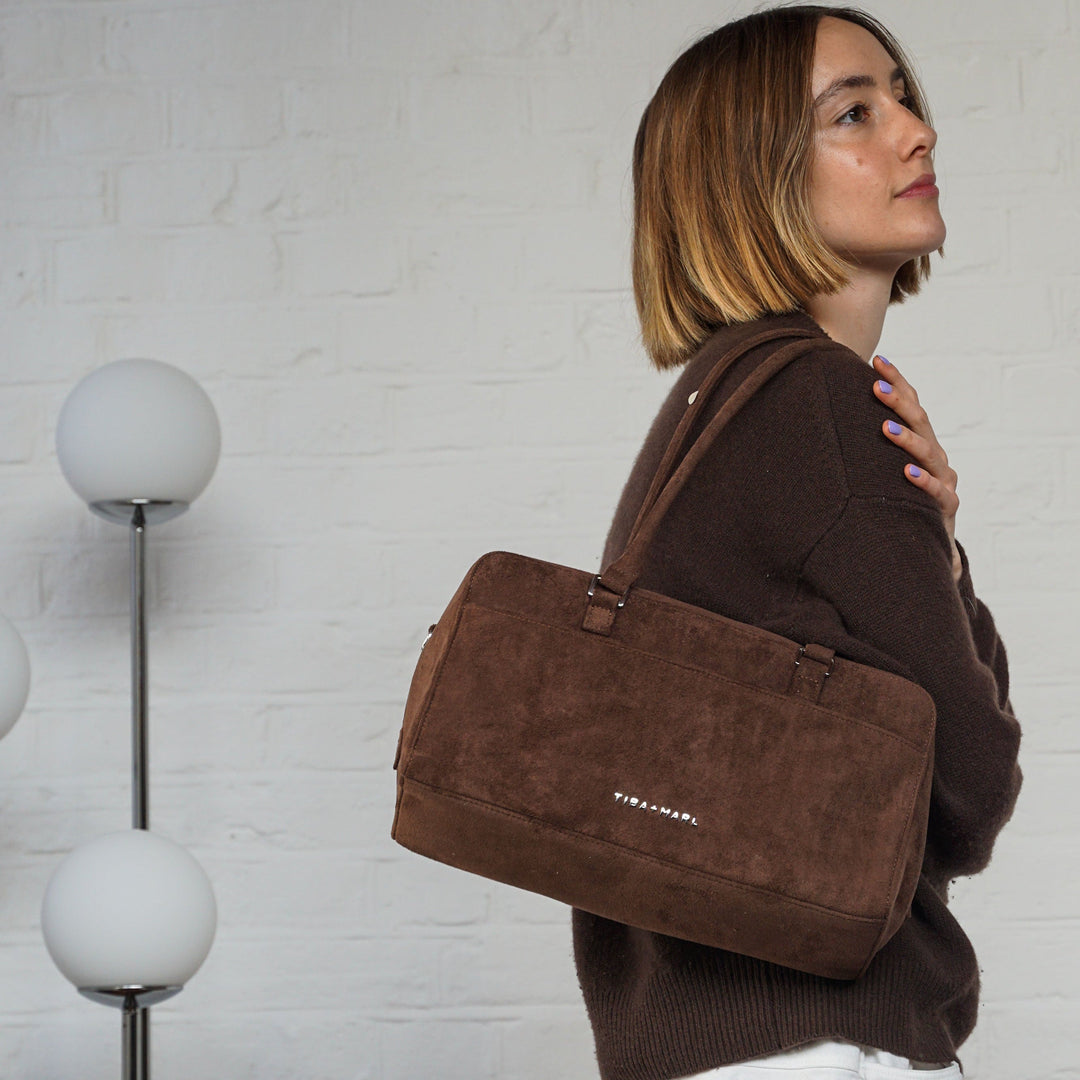Riley Compact East-West Changing Bag Brown Faux Suede - Mabel & Fox