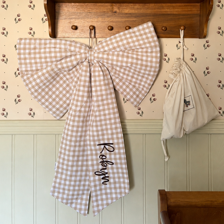 Mabel & Fox - Personalised Beige Gingham Bow - Embroidered