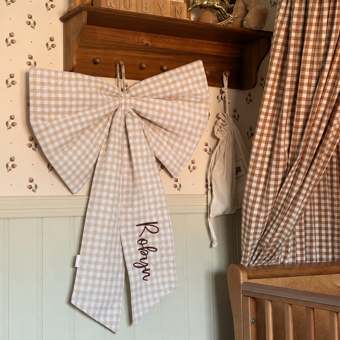 Mabel & Fox - Personalised Beige Gingham Bow - Embroidered