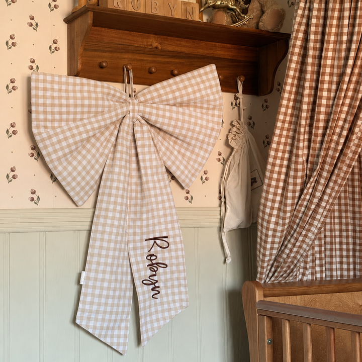 Mabel & Fox - Personalised Beige Gingham Bow - Embroidered