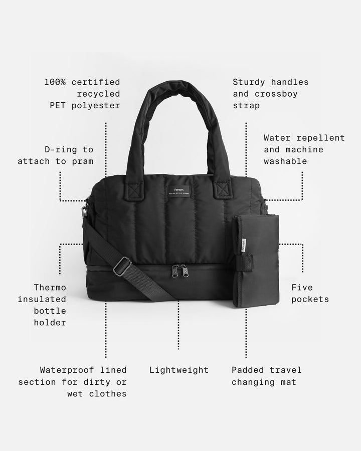 Finnson - INNES Eco Quilted Changing Bag with Changing Mat - Black - Mabel & Fox