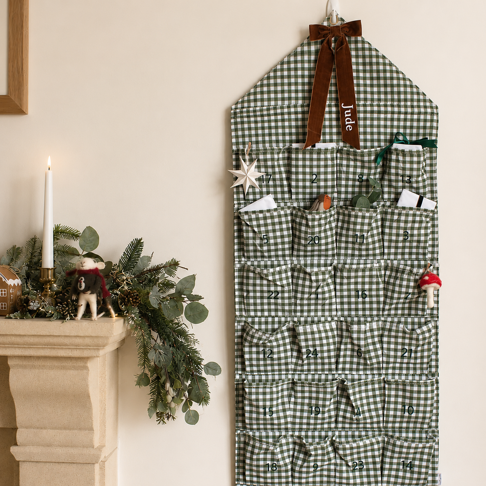 Mabel & Fox - Personalised Green Gingham Advent Calendar - Velvet Bow - Mabel & Fox