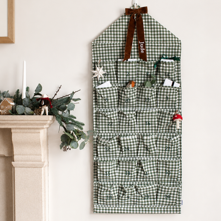 Mabel & Fox - Personalised Green Gingham Advent Calendar - Velvet Bow - Mabel & Fox