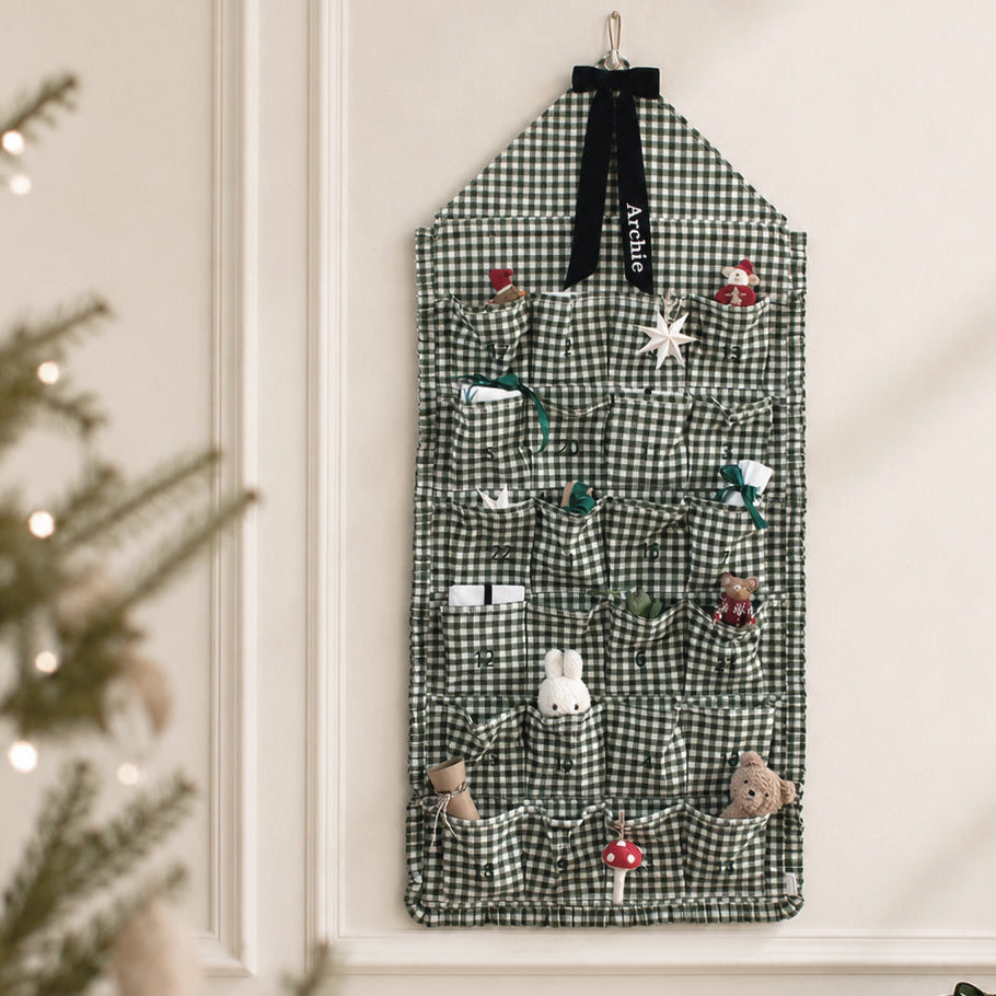 Mabel & Fox - Personalised Green Gingham Ruffle Advent Calendar - Velvet Bow - Mabel & Fox