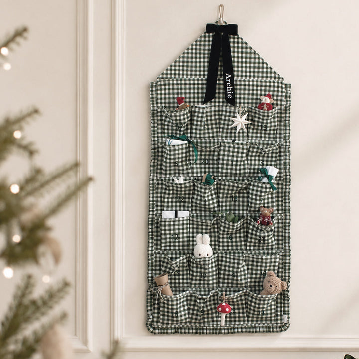 Mabel & Fox - Personalised Green Gingham Ruffle Advent Calendar - Velvet Bow - Mabel & Fox