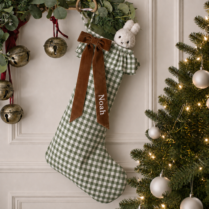 Mabel & Fox - Personalised Green Gingham Stocking - Velvet Bow