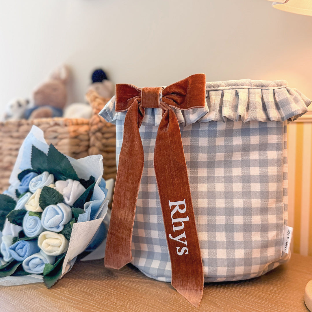 Mabel & Fox - Personalised Blue Gingham Ruffle Basket - Velvet Bow