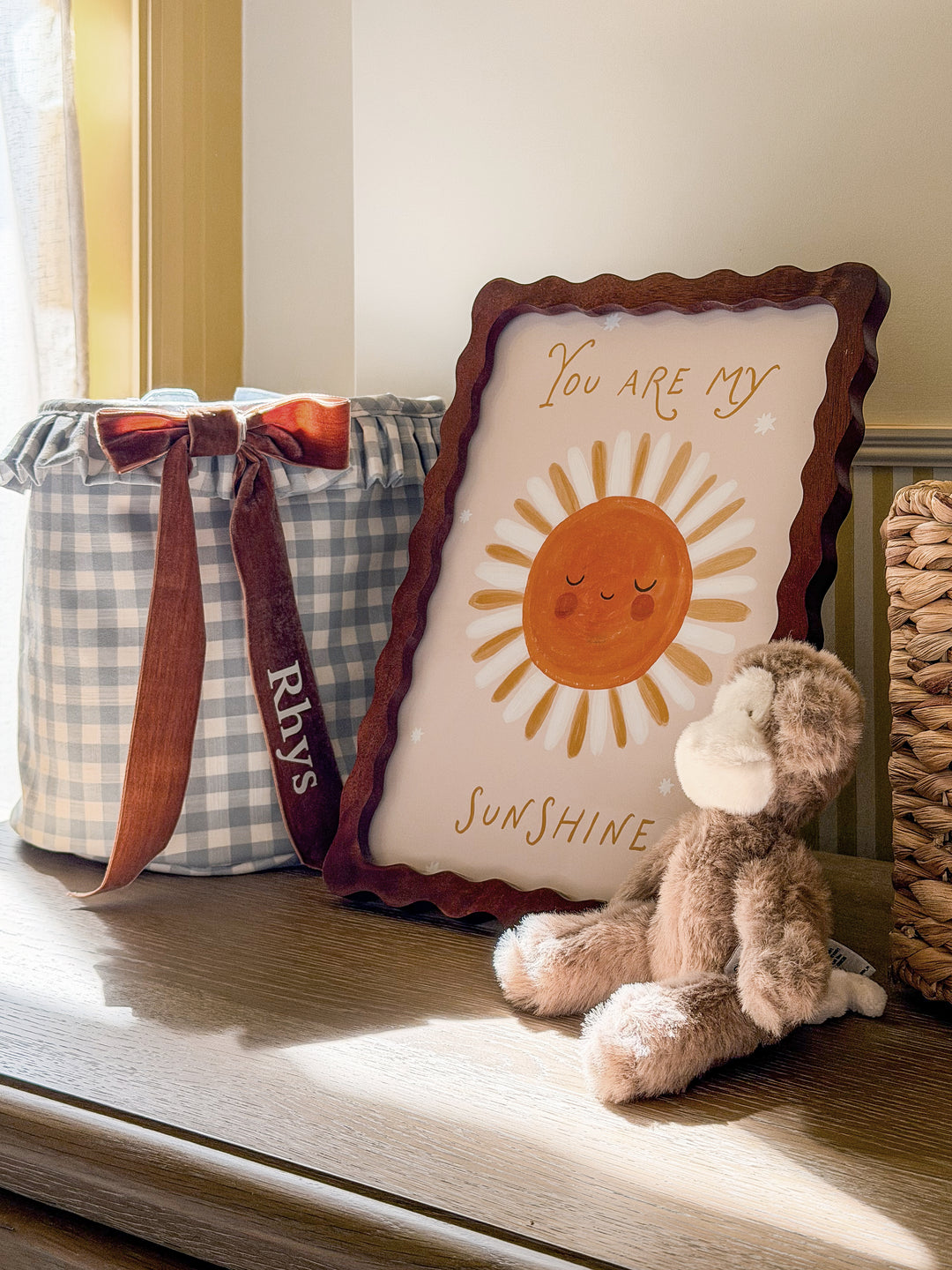 Mabel & Fox - Personalised Blue Gingham Ruffle Basket - Velvet Bow