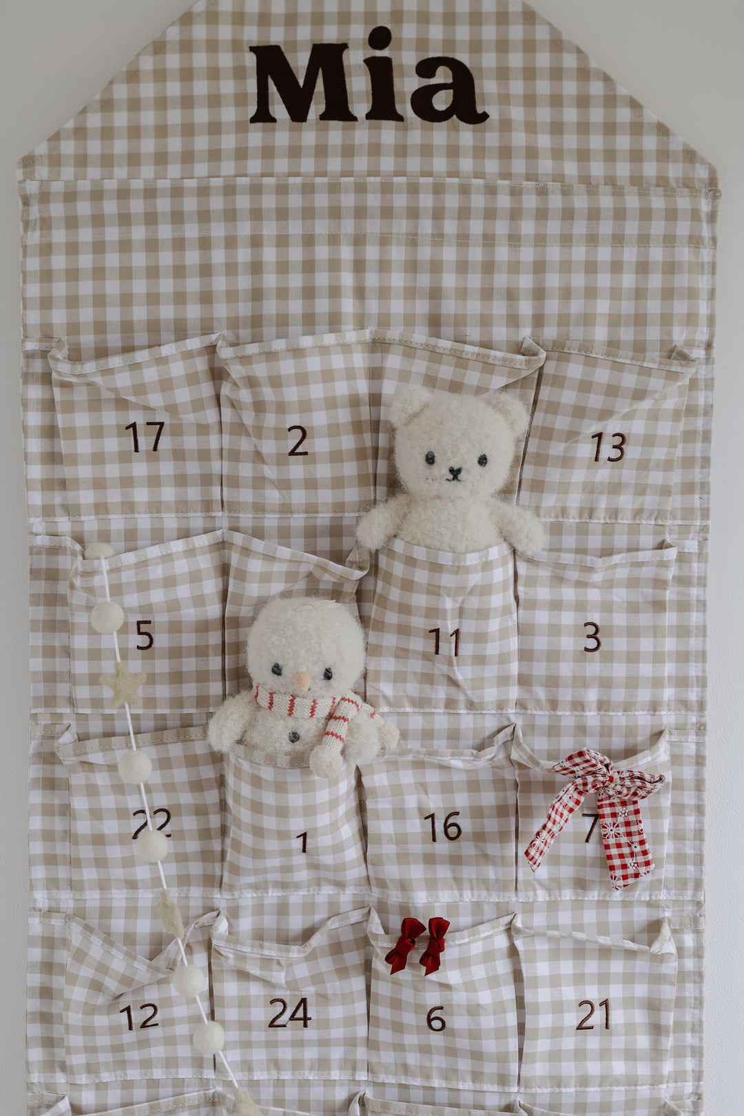 Mabel & Fox - Personalised Beige Gingham Advent Calendar - Embroidered