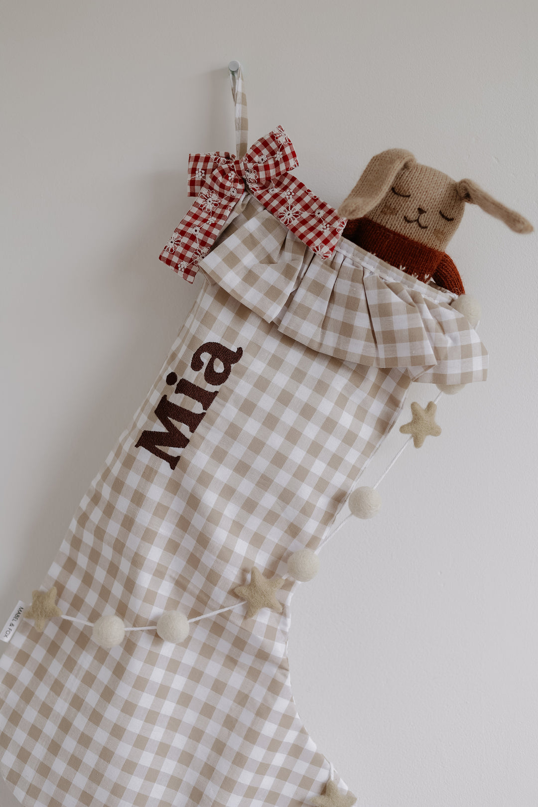 Mabel & Fox - Personalised Beige Gingham Stocking - Embroidered