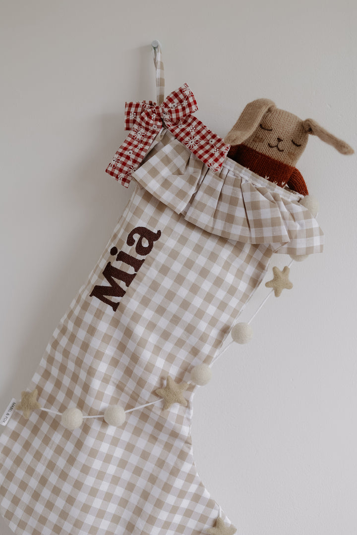 Mabel & Fox - Personalised Beige Gingham Stocking - Embroidered