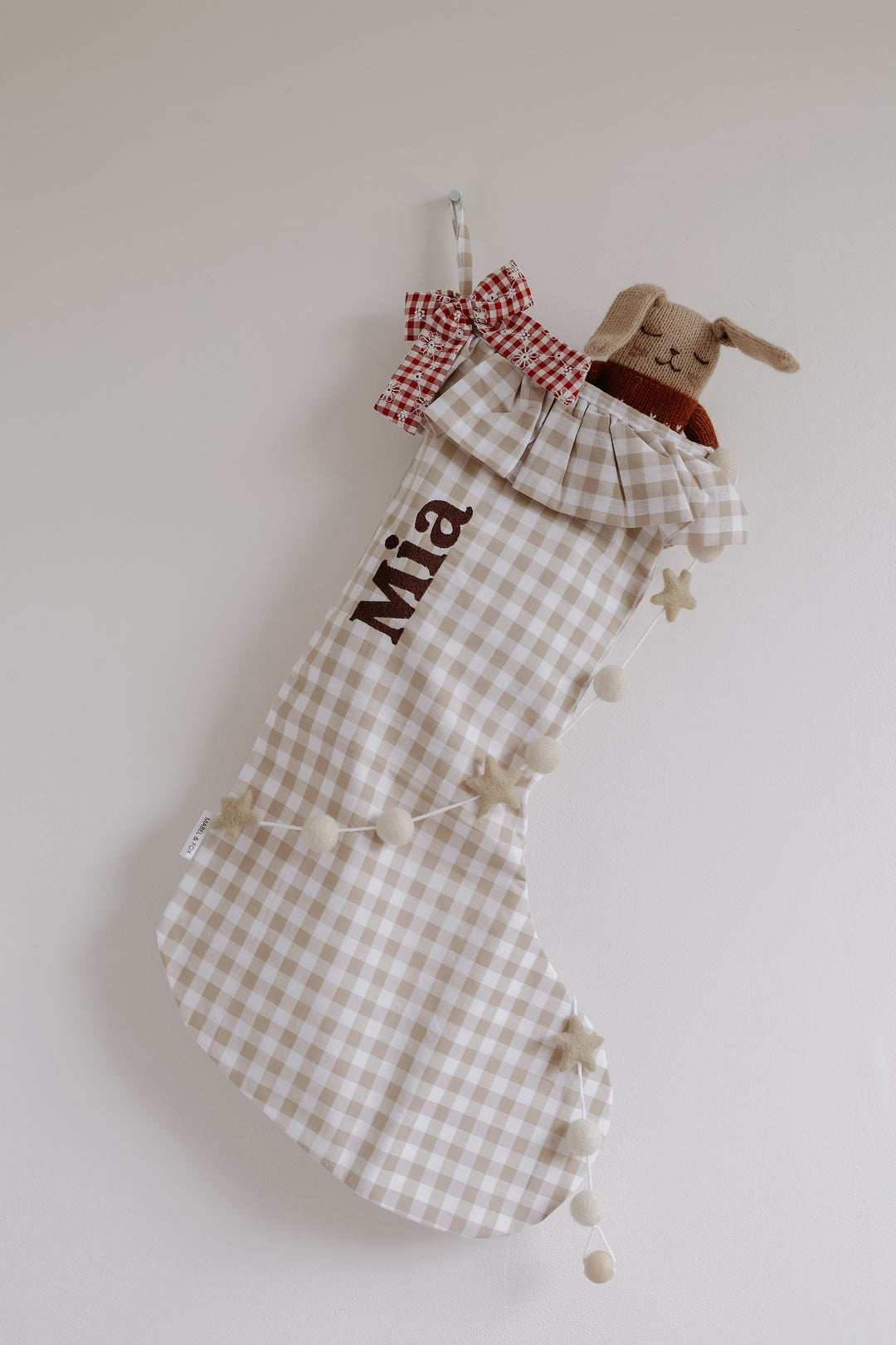 Mabel & Fox - Personalised Beige Gingham Stocking - Embroidered