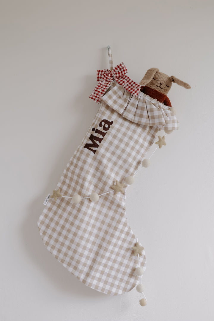 Mabel & Fox - Personalised Beige Gingham Stocking - Embroidered