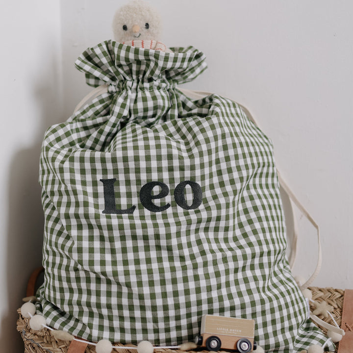 Mabel & Fox - Personalised Green Gingham Gift Sack - Embroidered