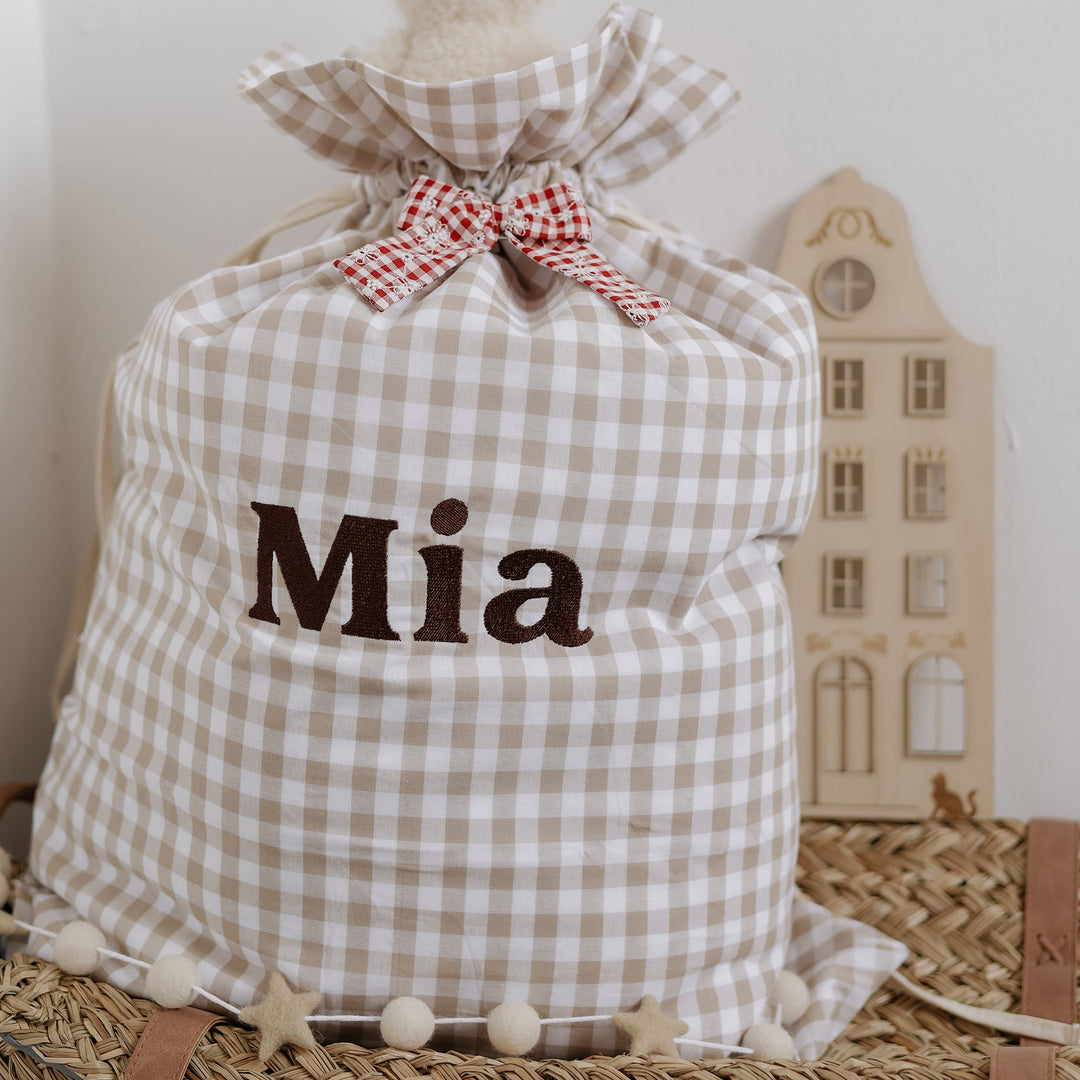 Mabel & Fox - Personalised Beige Gingham Gift Sack - Embroidered