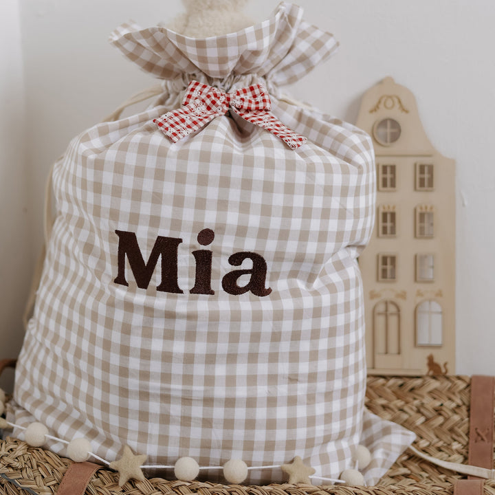 Mabel & Fox - Personalised Beige Gingham Gift Sack - Embroidered