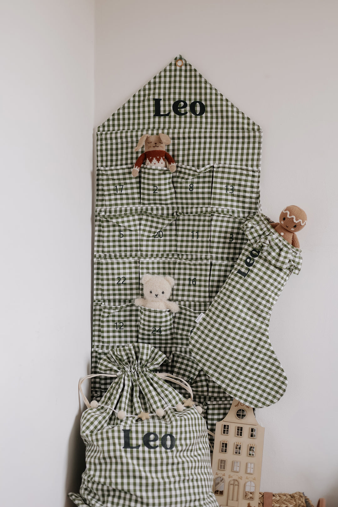 Mabel & Fox - Personalised Green Gingham Advent Calendar - Embroidered