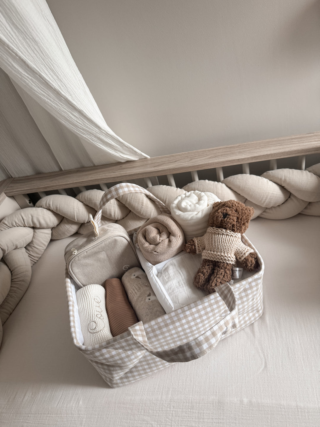 Mabel & Fox - Gingham Nappy Caddy - Beige