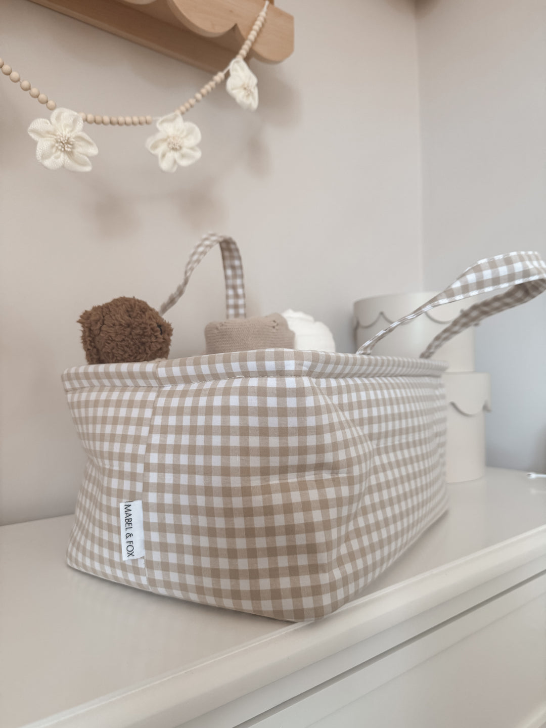 Mabel & Fox - Gingham Nappy Caddy - Beige