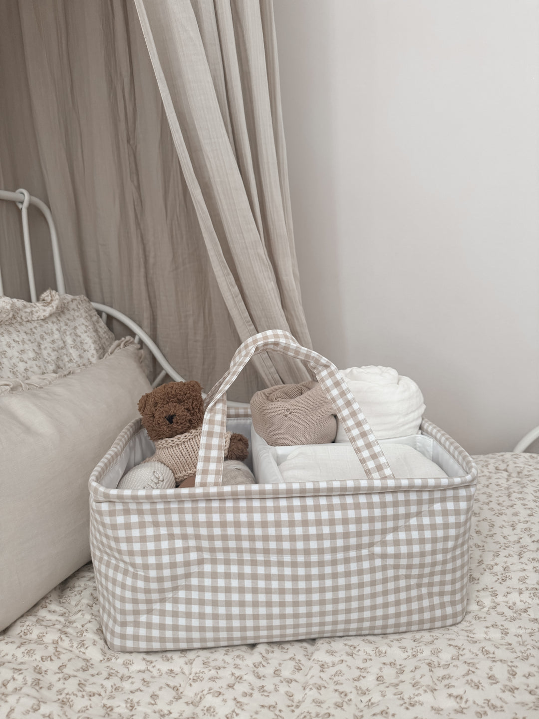Mabel & Fox - Gingham Nappy Caddy - Beige