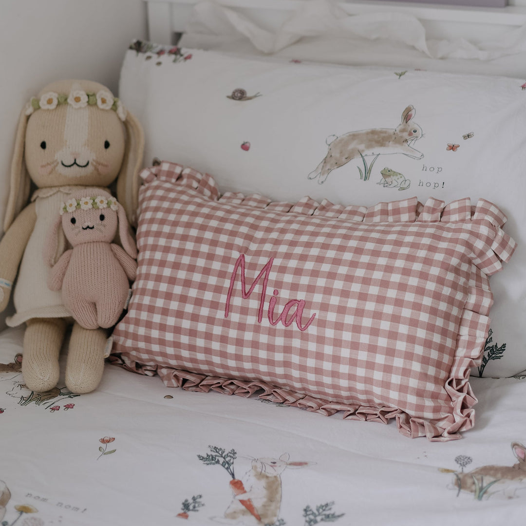 Mabel & Fox - Personalised Gingham Ruffle Cushion Cover - Pink