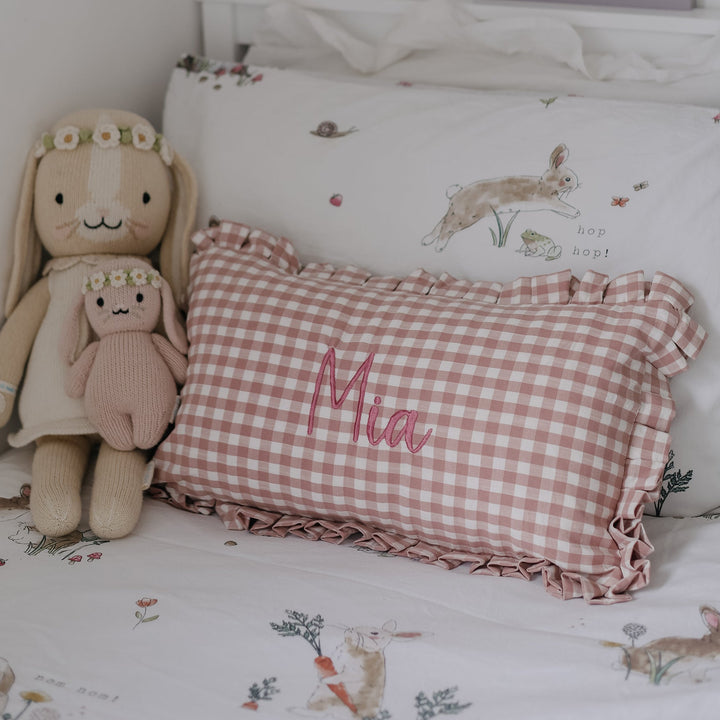 Mabel & Fox - Personalised Gingham Ruffle Cushion Cover - Pink