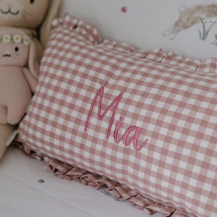 Mabel & Fox - Personalised Gingham Ruffle Cushion Cover - Pink