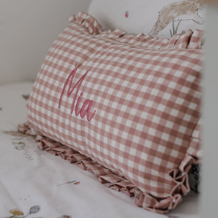Mabel & Fox - Personalised Gingham Ruffle Cushion Cover - Pink