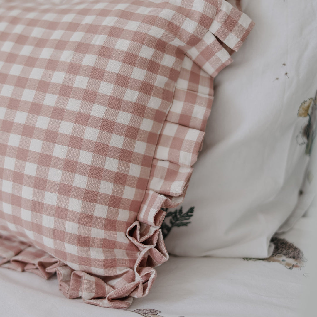 Mabel & Fox - Personalised Gingham Ruffle Cushion Cover - Pink