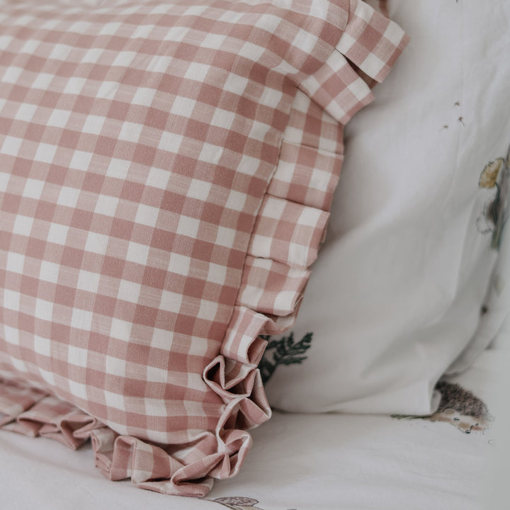 Mabel & Fox - Personalised Gingham Ruffle Cushion Cover - Pink