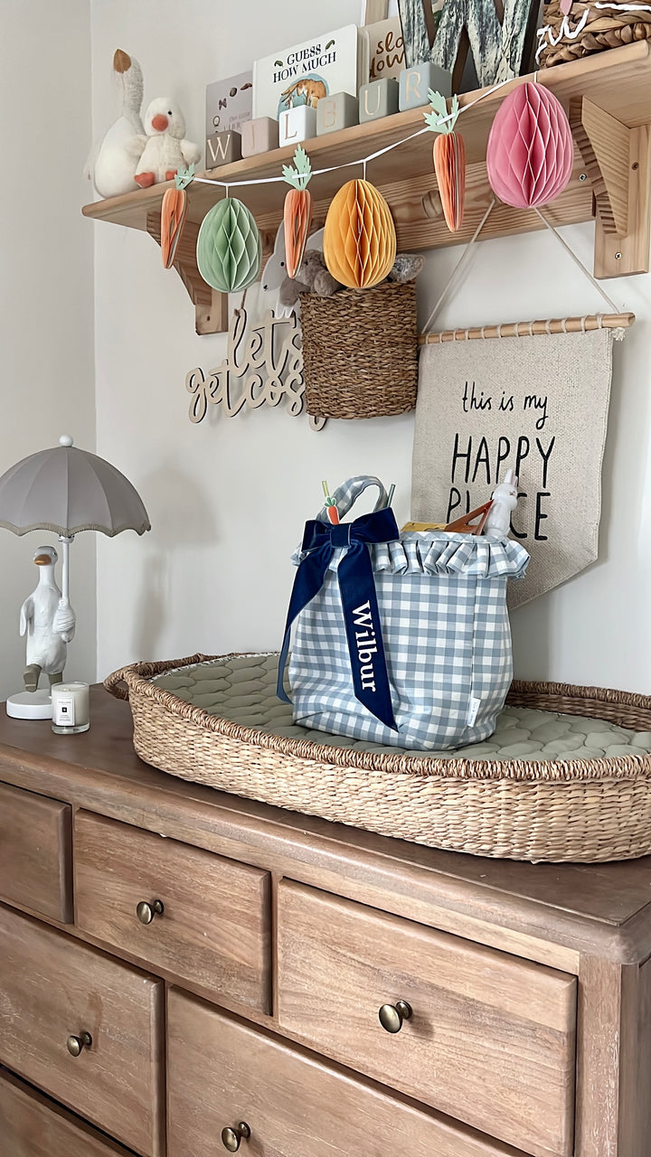 Mabel & Fox - Personalised Blue Gingham Ruffle Basket - Velvet Bow - Mabel & Fox