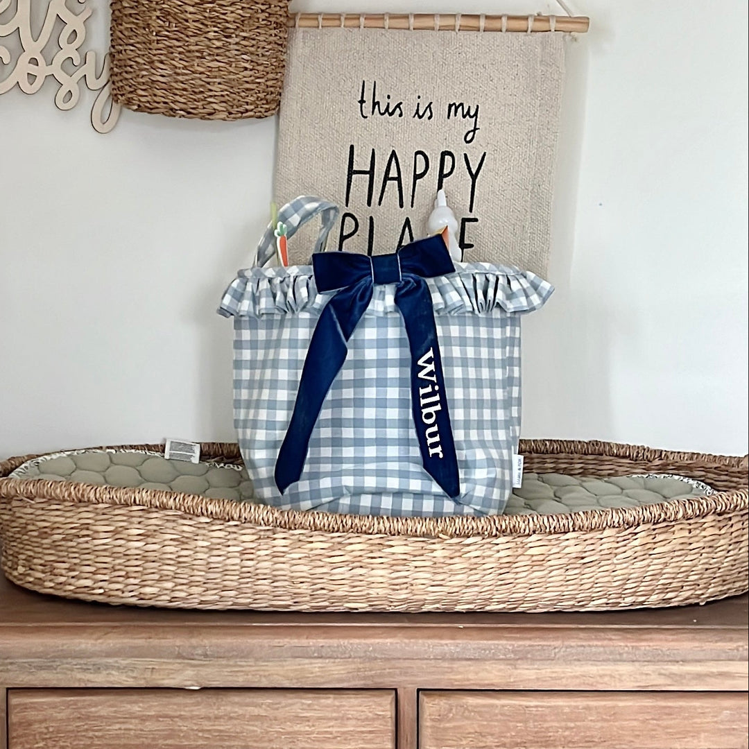 Mabel & Fox - Personalised Blue Gingham Ruffle Basket - Velvet Bow - Mabel & Fox