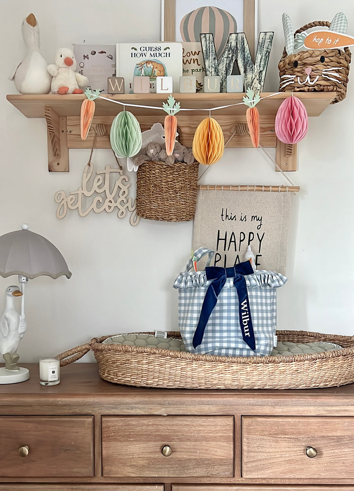 Mabel & Fox - Personalised Blue Gingham Ruffle Basket - Velvet Bow - Mabel & Fox