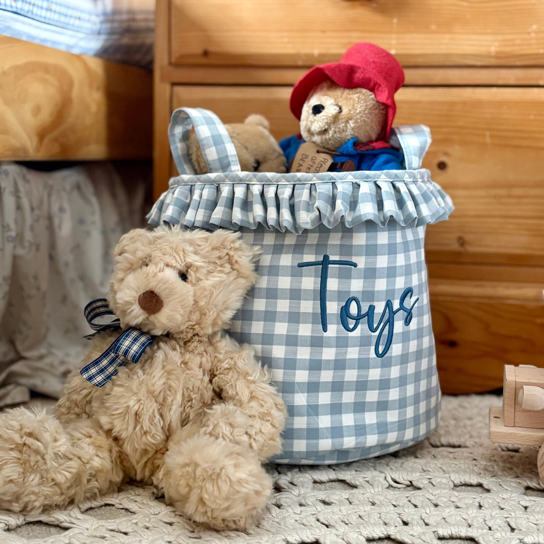 Mabel & Fox - Personalised Blue Gingham Ruffle Basket - Embroidered - Mabel & Fox
